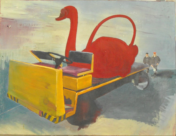 3. Páni železničáři mi přivezly Labutí konvičku (Koláž, Olej a sprej na plátně, 125x95)