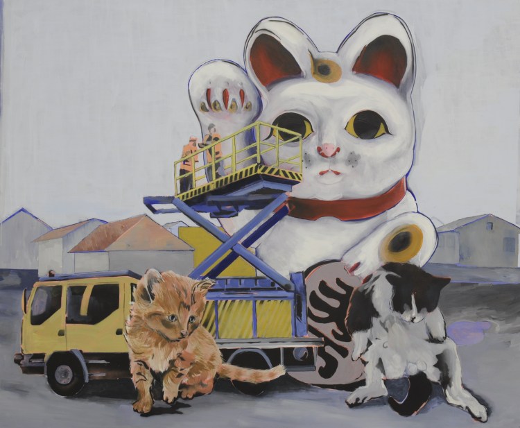 Maneki neko, 100x120, akryl a sprej na plátně